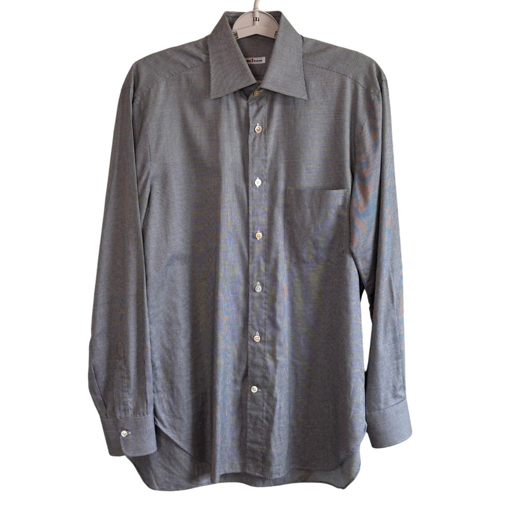 Kiton Micro Houndstooth Dress Shirt Mens 16 41 Black White Italy Handmade Luxury